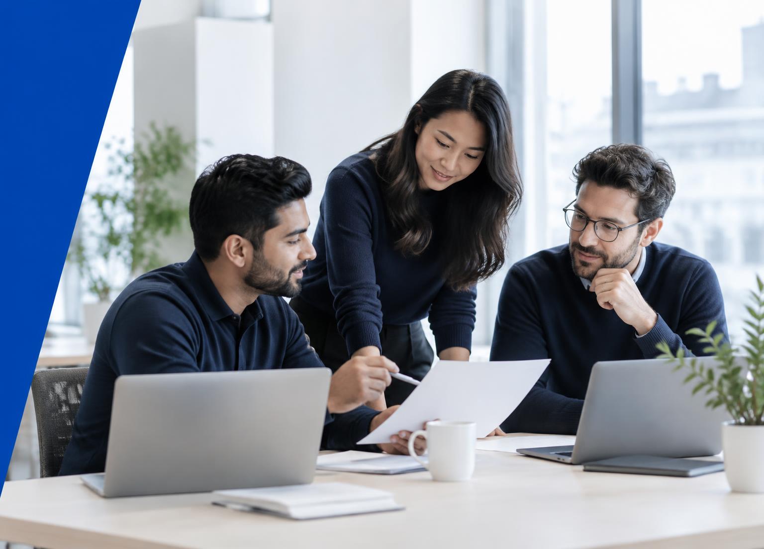Three business professionals reviewing a plan together in a bright office, shown as an illustrative scene.